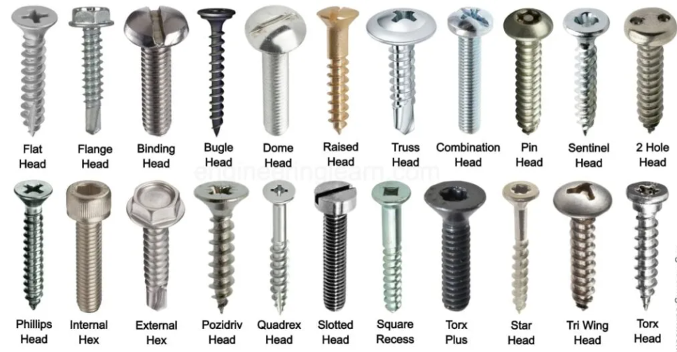 Other types of screw heads include round head flat head and Phillips head