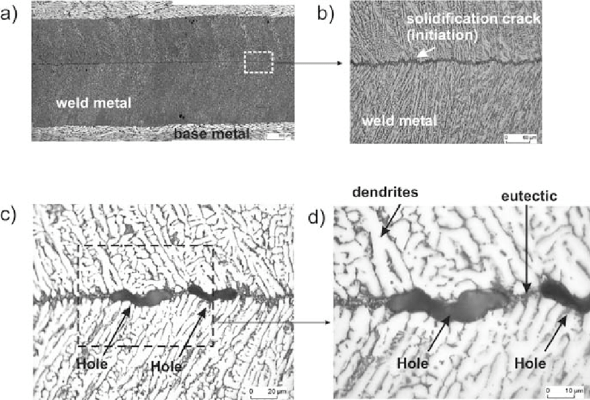 Initiation of the solidification crack uncompleted crack under different magnifications